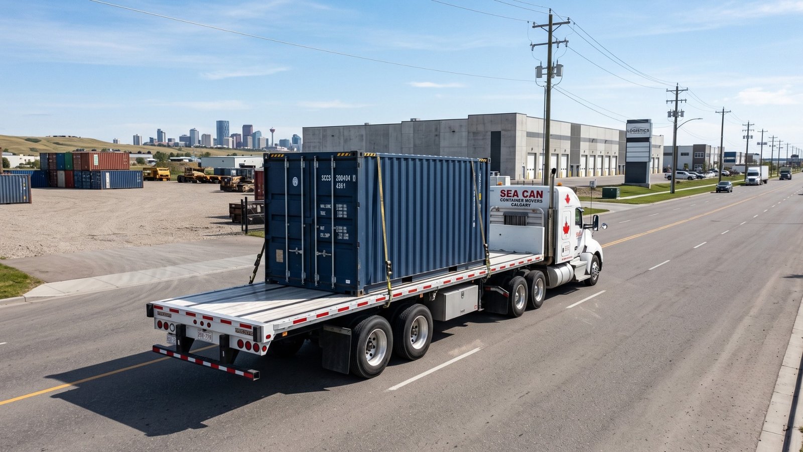 Sea Can Container Movers truck carrying a blue shipping container